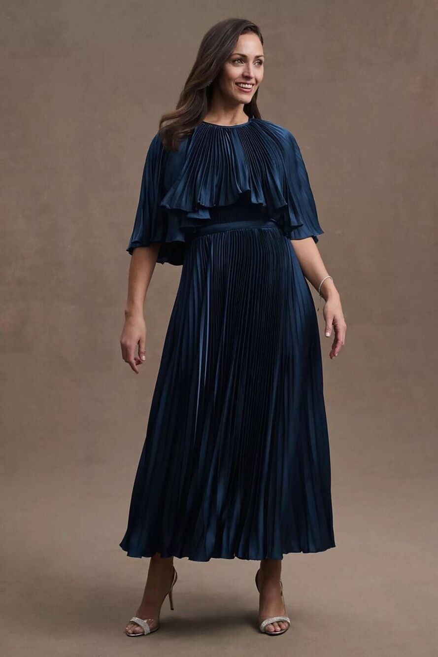 Mac Duggal 49638 Dark Blue Pleated Caplet Tea Length Dress $498